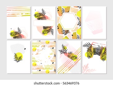 Hand made vector abstract graphic Save the Date tribal tropical exotic unusual cards set collection in pastel colors isolated on white background.Unique cards design for Business,holidays,decoration