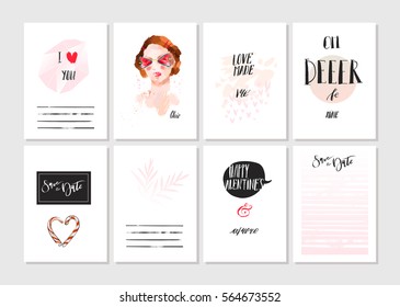 Hand made vector abstract graphic Save the Date unusual cards set collection in pink,black and white colors.Saint Valentines day collection.Unique cards design for Business,holidays,decoration,note