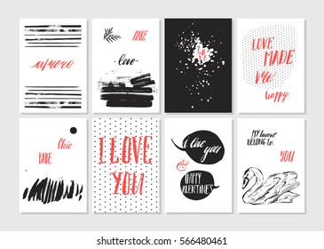 Hand made vector abstract graphic Save the Date unusual cards set collection in red,black and white colors.Saint Valentines day collection.Unique cards design for Business,holidays,decoration,poster