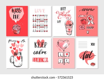 Hand made vector abstract graphic textured creative unique hipster Saint Valentines day greeting card set collection template with love elements and handwritten modern calligraphy quotes and phases .
