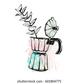 Hand made vector abstract graphic illustration with geyser coffee maker with flower brunch in pastel colors isolated on white background.