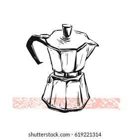Hand made vector abstract graphic illustration with geyser coffee maker isolated on white background.Design for posters, prints, cards templates, logos, signs