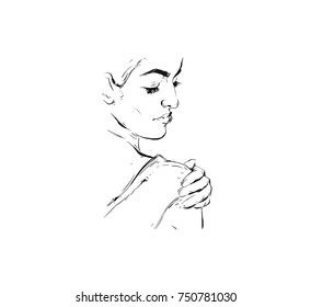Hand made vector abstract graphic ink modern girl portrait sketch isolated on white background. Outline design elements for boho wedding, birthday, save the date card.