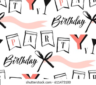 Hand made vector abstract Happy Birthday greeting collage seamless pattern with modern quote Birthday party isolated on white background.
