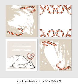 Hand made vector abstract Merry Christmas greeting cards set with cute xmas polar bear characters in winter clothing and candy canes.Greeting seasonal scrapbooking,stickers,diary,congratulations