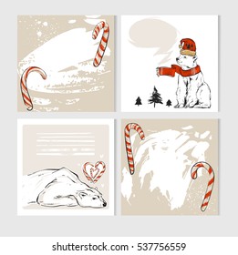 Hand made vector abstract Merry Christmas greeting cards set with cute xmas polar bear characters in winter clothing and candy canes.Greeting seasonal scrapbooking,stickers,diary,congratulations,