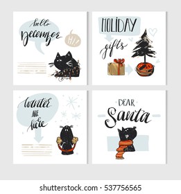 Hand made vector abstract Merry Christmas greeting card set with cute xmas black cats character in winter clothing and modern Xmas calligraphy phases isolated on white background.New Year 2017 concept