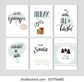 Hand made vector abstract Merry Christmas simple decoration cards set design with modern rough holiday calligraphy phases and quotes isolated on white background.Happy New Year concept.