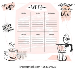 Hand made vector abstract Scandinavian Weekly planner template with graphic coffee illustration in pastel colors. Organizer and schedule. Cute and trendy.Design for planning,journaling,business,diary