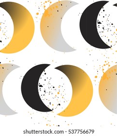 Hand made vector abstract seamless pattern with yellow and black moon isolated on white background.Simple trendy nature concept pattern.Wrapping paper,decoration,fashion fabric.Crescent pattern.