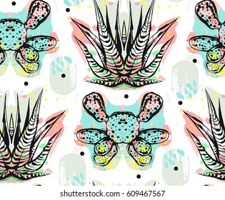 Hand made vector abstract seamless pattern with mirror reflection of cacti plants with polka dots and hand drawn textures isolated on white background.