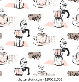 Hand made vector abstract textured seamless pattern of coffee concept with mug,milk,geyser coffee and handwritten modern calligraphy phase cup of coffee in pastel colors isolated on white.Coffee shop.