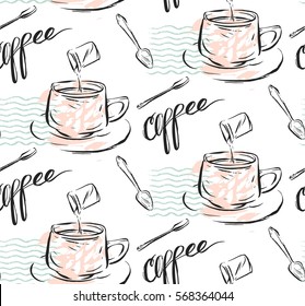Hand made vector abstract textured seamless pattern of coffee concept with mug,milk,tea spoon and handwritten modern calligraphy coffee isolated on white background.DEsign for wrapping,fabric,business