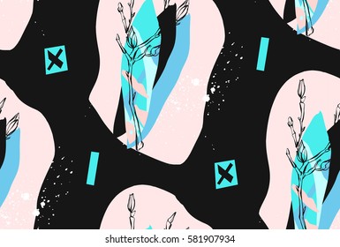 Hand made vector abstract textured trendy creative collage seamless pattern in tiffany blue colors isolated on white background with different textures and shapes.Modern graphic design.Unusual artwork