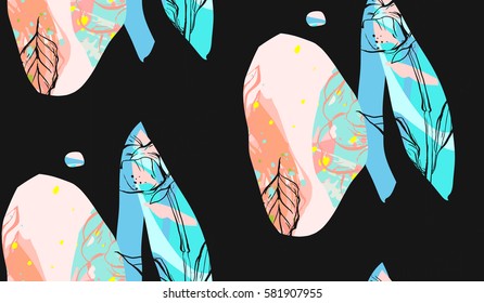 Hand made vector abstract textured trendy creative collage seamless pattern in tiffany blue,pastel colors on black background with different textures,graphic flowers,leaves and shapes.Modern graphic