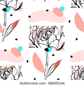 Hand made vector abstract textured trendy creative universal collage seamless pattern with floral peony motif isolated on white background with different textures and shapes.Modern graphic design.