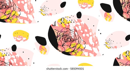 Hand made vector abstract textured trendy creative universal collage seamless pattern with floral peony motif isolated on white background with different textures and shapes.Modern graphic design.