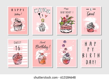 Hand made vector abstract textured unusual artistic collage Happy Birthday greetings cards collection set templates in pastel colors isolated.Invitation,decorations,tags,save the date,party