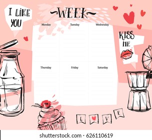 Hand made vector abstract textured romantic Weekly planner template with graphic illustration in pastel colors. Organizer and schedule. Cute and trendy. Design for planning, journaling, business, diary