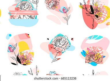 Hand made vector abstract textured trendy creative universal collage seamless pattern with peony flowers motif floral compositions isolated on white background with different textures and shapes.