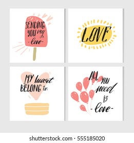 Hand made vector abstract Valentines day printable simple greeting cards collection set with modern calligraphy quote isolated on white background.