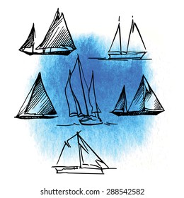 Hand made vector card. Yachting. Watercolor background.  Painted watercolor artwork. 