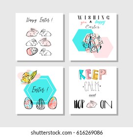 Hand made vector collage abstract Easter greetings cards template collection set with drawing decoration elements flowers,bunny,Easter eggs and Easter funny quotes isolated on white backgrounds.