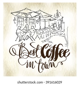 Hand made vector drawing on coffee theme made in vintage style.