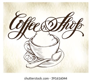 Hand made vector drawing on coffee theme made in vintage style.