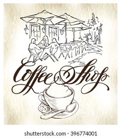 Hand made vector drawing on coffee theme made in vintage style.