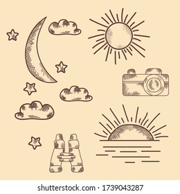 Hand made vector drawing. Vintage, nature, sky, sun, sunset