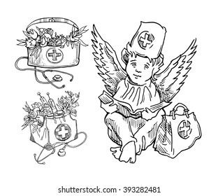 Hand made vector drawings on the medical theme. Good for cards, banners, posters elements.