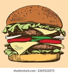 Hand made vector drewn of burger logo on skin background