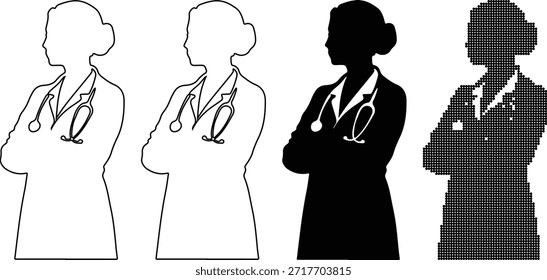 Vector hecho a mano cuatro siluetas de doctoras con batas médicas aisladas sobre fondo transparente