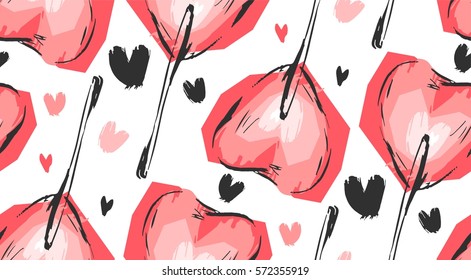 Hand made Vector graphic Valentines day seamless pattern with red heart lollipops on a white background.Design for valentines day,fashion fabric,decoration.