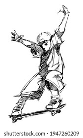 Hand made vector illustration of skateboarder in cartoon style, with scribbled sketch traces.