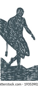 Hand made vector illustration of surfer silhouette in rustic and irregular strokes style.