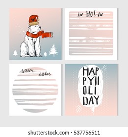 Hand made vector Merry Christmas greeting cards set with cute xmas polar bear characters in winter clothing and planner journaling lists with modern Christmas calligraphy quotes in pastel colors.