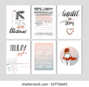 Hand made vector Merry Christmas greeting cards set with cute xmas polar bear in winter clothing and planner journaling lists with modern Christmas calligraphy quotes in pastel colors.Business cards