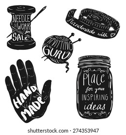 Hand made vector objects. Lettering. Knitting, sewing.