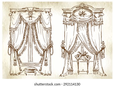 Hand made vector sketch of cozy interior elements. Curtain decoration.