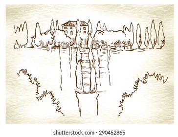 Hand made vector sketch of cypress landscape. 