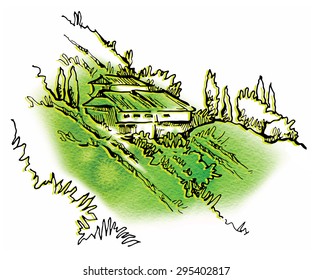 Hand made vector sketch of cypress landscape. 