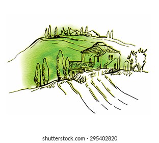 Hand made vector sketch of cypress landscape. 
