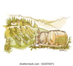 Hand made vector sketch of cypress landscape. 
