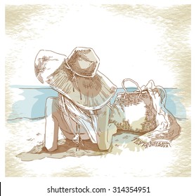 Hand made vector sketch of girl in the hat laying on the beach.