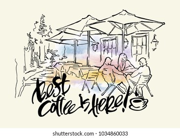 Hand made vector sketch of old town fragment. Calligraphic inscription. Restaurant. Isolated on white background. Old town cafe calligraphy inscription.