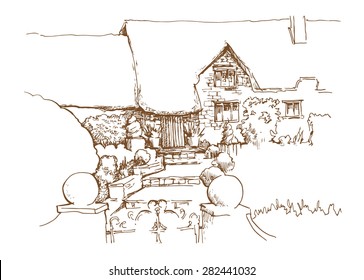 Hand made vector sketch of old town. Fountain pen artwork. Journey, tirp, tourizm theme. Old walls, doors, windows and potted plants. Old bricks and stones. Ragged walls.  Shabby surface.