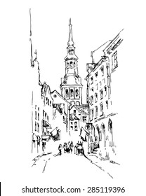 Hand made vector sketch of old town. Fountain pen artwork. Journey, tirp, tourizm theme. Old walls, doors, windows and potted plants. Old bricks and stones. Ragged walls.  Shabby surface.