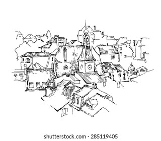 Hand made vector sketch of old town. Fountain pen artwork. Journey, tirp, tourizm theme. Old walls, doors, windows and potted plants. Old bricks and stones. Ragged walls.  Shabby surface.